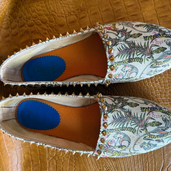 Christian Louboutin Ivory Canvas Ares Spiked Espadrilles Flats Size 37/ US 7 - Picture 2 of 4